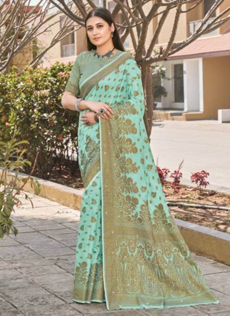 Sea Blue Colour SANGAM RAJORI New Designer Ethnic Wear Cotton Swarovski Work Latest Saree Collection 2204